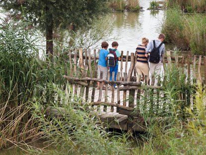 Eine vierköpfige Familie steht auf einer Brücke und schaut herunter auf ein Gewässer